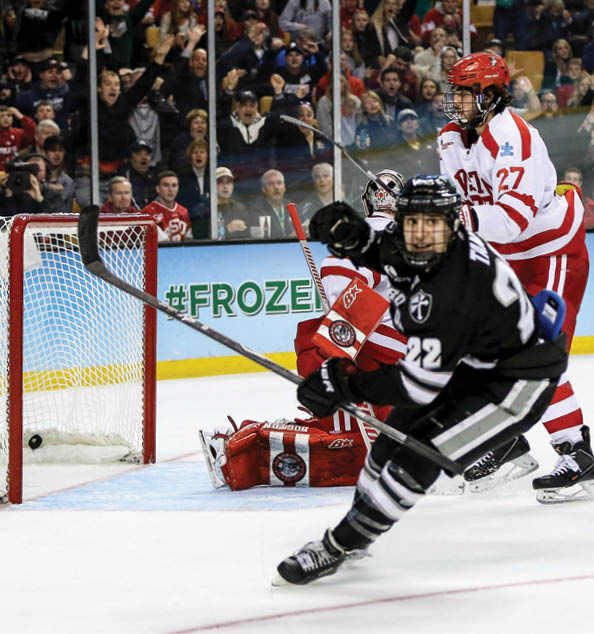 April 11, 2015: Providence College Forward Brandon Tanev (22) reacts to his title winning goal late in the third period  The Providence College Friars defeated the Boston University Terriers 4-3 in the final of the Frozen Four, NCAA Division 1 Men's Ice Hockey Championship at TD Garden in Boston, Massachusetts  (Photo by Fred Kfoury III Icon Sportswire Corbis Icon Sportswire via Getty Images)