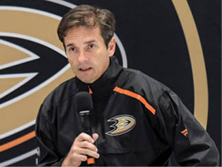 IRVINE, CA - JUNE 29: Head Coach Dallas Eakins does a question and answer session with host Kent French in front of fans after an Anaheim Ducks Development Camp held on June 29, 2019 at FivePoint Arena at the Great Park Ice in Irvine, CA  (Photo by John Cordes Icon Sportswire via Getty Images)