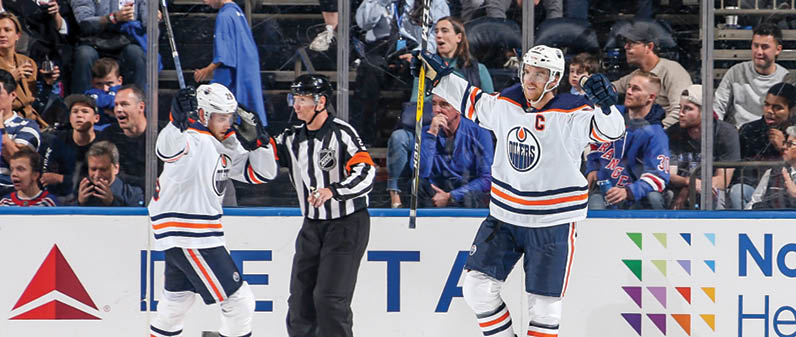 NEW YORK, NY - OCTOBER 12:  Connor McDavid #97 of the Edmonton Oilers reacts after scoring a goal in the third period against the New York Rangers at Madison Square Garden on October 12, 2019 in New York City  (Photo by Jared Silber NHLI via Getty Images)