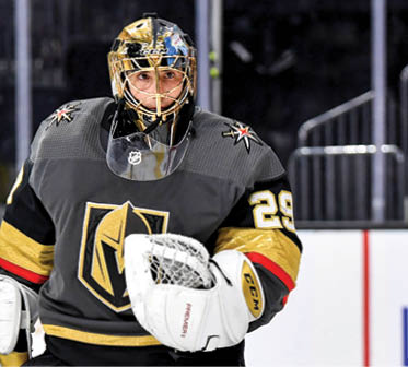 LAS VEGAS, NEVADA - OCTOBER 12:   Marc-Andre Fleury #29 of the Vegas Golden Knights tends net during the second period against the Calgary Flames at T-Mobile Arena on October 12, 2019 in Las Vegas, Nevada  (Photo by Jeff Bottari NHLI via Getty Images)