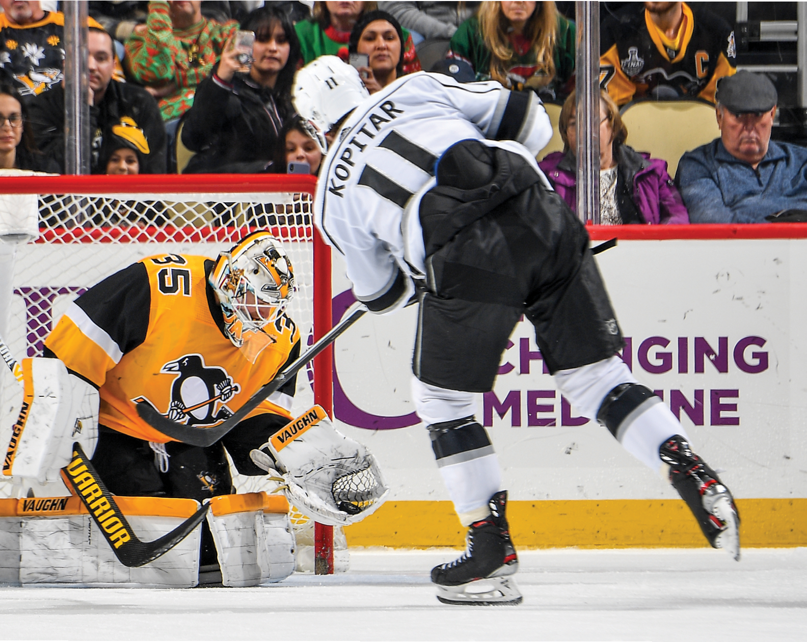 PITTSBURGH, PA - DECEMBER 14:  Tristan Jarry #35 of the Pittsburgh Penguins makes a save on a shootout attempt by Anze Kopitar #11 of the Los Angeles Kings at PPG PAINTS Arena on December 14, 2019 in Pittsburgh, Pennsylvania  (Photo by Joe Sargent NHLI via Getty Images)