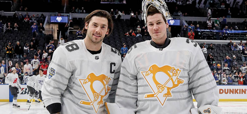 ST LOUIS, MISSOURI - JANUARY 25: Kris Letang #58 and Tristan Jarry #35 of the Pittsburgh Penguins pose prior to the 2020 Honda NHL All-Star Game at Enterprise Center on January 25, 2020 in St Louis, Missouri  (Photo by Bruce Bennett Getty Images)