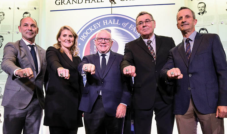 TORONTO, ONTARIO - NOVEMBER 15: (L-R) The Hockey Hall of Fame Class of 2019 Sergei Zubov, Hayley Wickenheiser, Jim Rutherford, Vaclav Nedomandsky and Guy Carbonneau appear at a photo opportunity for the 2019 Induction Ceremony at the Hockey Hall Of Fame on November 15, 2019 in Toronto, Ontario, Canada  (Photo by Bruce Bennett Getty Images)