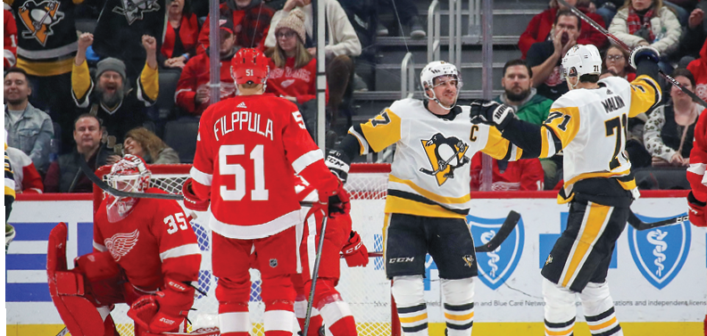 DETROIT, MICHIGAN - JANUARY 17: Sidney Crosby #87 of the Pittsburgh Penguins celebrates his game winning overtime goal with Evgeni Malkin #71 next to Jimmy Howard #35 of the Detroit Red Wings at Little Caesars Arena on January 17, 2020 in Detroit, Michigan  Pittsburgh won the game 2-1 in overtime  (Photo by Gregory Shamus Getty Images)