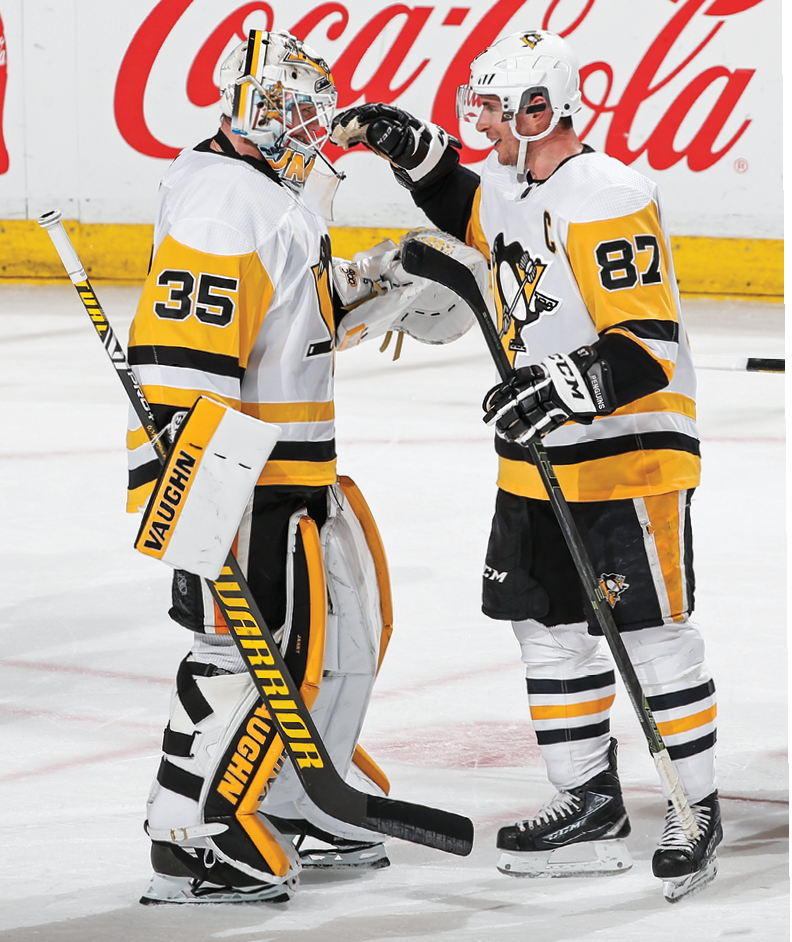 SUNRISE, FL - FEBRUARY 8: Sidney Crosby #87 congratulates Goaltender Tristan Jarry #35 of the Pittsburgh Penguins after the win against the Florida Panthers at the BB&T Center on February 8, 2020 in Sunrise, Florida  The Penguins defeated the Panthers 3-2  (Photo by Joel Auerbach Getty Images)