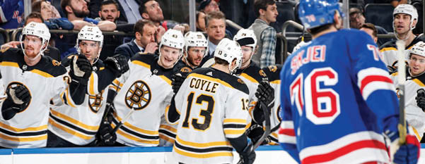 NEW YORK, NY - FEBRUARY 16:  Charlie Coyle #13 of the Boston Bruins celebrates with teammates after scoring a goal in the second period against the New York Rangers at Madison Square Garden on February 16, 2020 in New York City  (Photo by Jared Silber NHLI via Getty Images)
