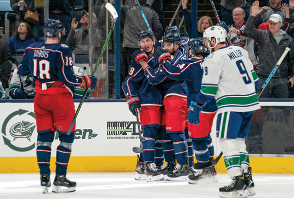 COLUMBUS, OH - MARCH 01: Columbus Blue Jackets defenseman Zach Werenski (8) celebrates a goal with his teammates during the game between the Columbus Blue Jackets and the Vancouver Canucks at Nationwide Arena in Columbus, Ohio on March 1, 2020  (Photo by Jason Mowry Icon Sportswire via Getty Images)