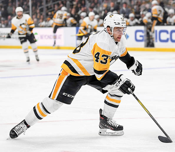 LOS ANGELES, CALIFORNIA - FEBRUARY 26:  Conor Sheary #43 of the Pittsburgh Penguins skates after the play during a 2-1 loss to the Los Angeles Kings at Staples Center on February 26, 2020 in Los Angeles, California  (Photo by Harry How Getty Images)