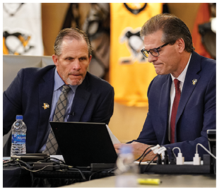 PITTSBURGH, PA - JULY 24: (L-R) Director of Player Personnel Chris Pryor and General Manager Ron Hextall of the Pittsburgh Penguins attend rounds 2-7 of the 2021 NHL Entry Draft at PPG Paints Arena on July 24, 2021 in Pittsburgh, Pennsylvania  (Photo by Evan Schall NHLI via Getty Images)