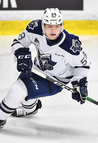 BOISBRIAND, QC - OCTOBER 05:  Isaac Belliveau #58 of the Rimouski Oceanic skates against the Blainville-Boisbriand Armada at Centre d'Excellence Sports Rousseau on October 5, 2019 in Boisbriand, Quebec, Canada   The Blainville-Boisbriand Armada defeated the Rimouski Oceanic 5-3   (Photo by Minas Panagiotakis Getty Images)
