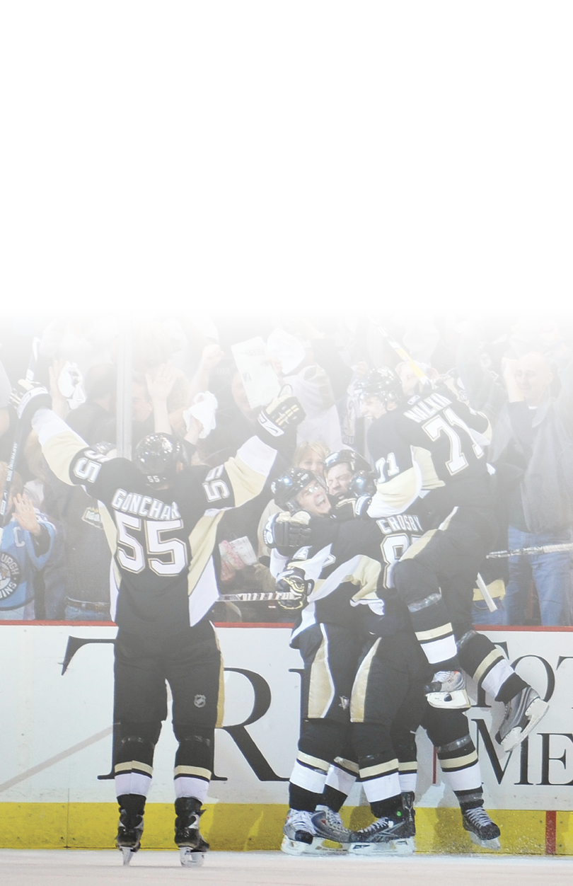 PITTSBURGH - APRIL 17:  Bill Guerin #13, Evgeni Malkin #71, Sidney Crosby #87, Chris Kunitz #14 and Sergei Gonchar #55, all of the Pittsburgh Penguins, celebrate Guerin's overtime power play goal against the Philadelphia Flyers during Game Two of the Eastern Conference Quarterfinals of the 2009 Stanley Cup Playoffs on April 17, 2009 at Mellon Arena in Pittsburgh, Pennsylvania  Pittsburgh defeated Philadelphia 3-2 and takes a 2-0 lead in the series   (Photo by Jamie Sabau Getty Images)