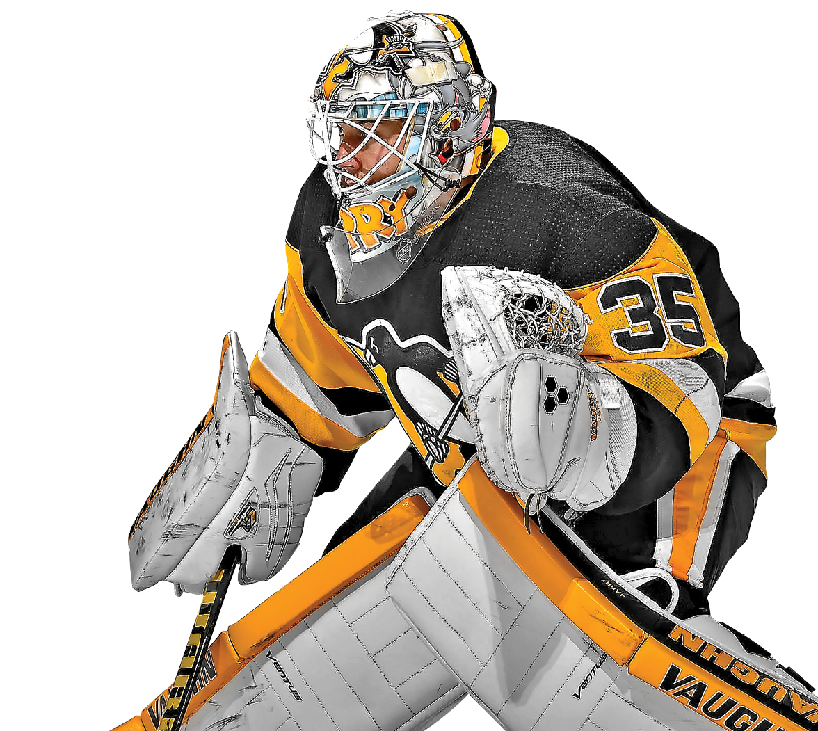 PITTSBURGH, PA - JANUARY 02:  Tristan Jarry #35 of the Pittsburgh Penguins defends the net against the San Jose Sharks at PPG PAINTS Arena on January 2, 2020 in Pittsburgh, Pennsylvania  (Photo by Joe Sargent NHLI via Getty Images)