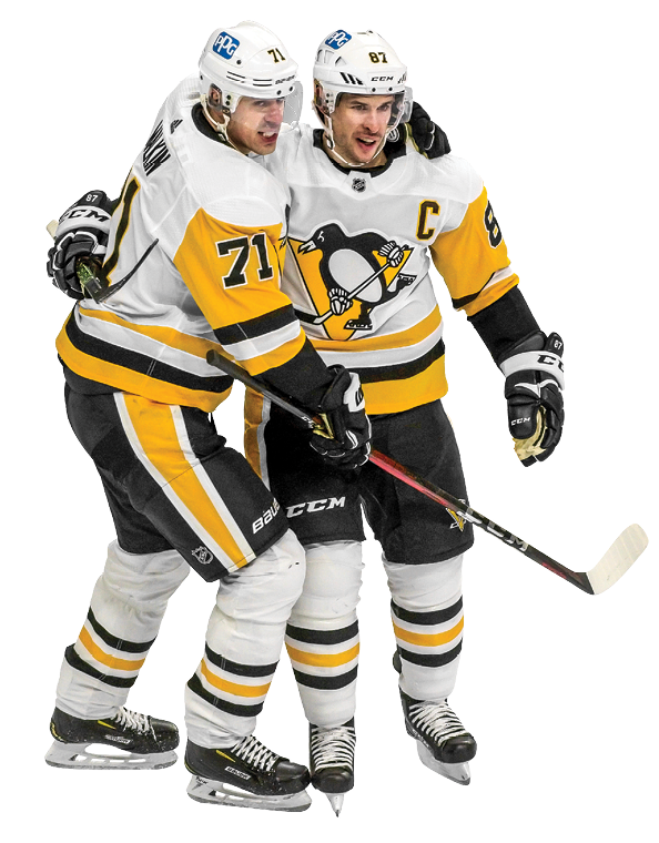 PHILADELPHIA, PA - JANUARY 13: Pittsburgh Penguins Center Sidney Crosby (87) and Pittsburgh Penguins Center Evgeni Malkin (71) celebrate a goal during the game between the Pittsburg Penguins and the Philadelphia Flyers on January 13, 2021 at Wells Fargo Center in Philadelphia, PA  (Photo by Andy Lewis Icon Sportswire via Getty Images)