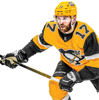 PITTSBURGH, PA - MARCH 04: Pittsburgh Penguins Right Wing Bryan Rust (17) forechecks during the second period in the NHL game between the Pittsburgh Penguins and the Philadelphia Flyers on March 4, 2021, at PPG Paints Arena in Pittsburgh, PA  (Photo by Jeanine Leech Icon Sportswire via Getty Images)