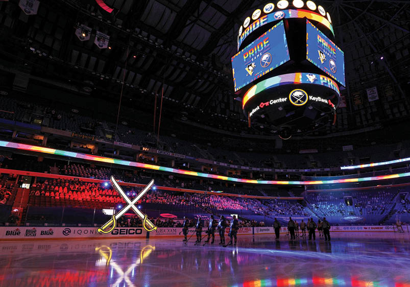 BUFFALO, NY - APRIL 17: A wide view of KeyBank Center before the Buffalo Sabres and Pittsburgh Penguins co-host the first joint NHL Pride Game game on April 17, 2021 in Buffalo, New York  (Photo by Bill Wippert NHLI via Getty Images)