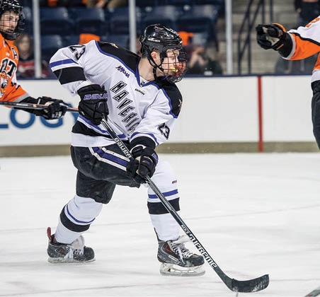 March 28, 2015: Minnesota State University Mavericks forward Teddy Blueger (23) skates through the defense during the NCAA Midwest Regional hockey match between the Minnesota State University Mavericks and Rochester Institute of Technology Tigers at the Compton Family Ice Arena in South Bend, IN  (Photo by Zach Bolinger Icon Sportswire Corbis Icon Sportswire via Getty Images)