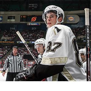 EAST RUTHERFORD, NJ - OCTOBER 5:  Center Sidney Crosby #87 of the Pittsburgh Penguins looks on against the New Jersey Devils during their NHL game on October 5, 2005 at Continental Airlines Arena in East Rutherford, New Jersey  The Devils defeated the Penguins 5-1  (Photo by Jim McIsaac Getty Images)   