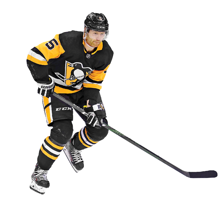 PITTSBURGH, PA - FEBRUARY 14: Pittsburgh Penguins Defenseman Mike Matheson (5) skates with the puck during the third period in the NHL game between the Pittsburgh Penguins and the Washington Capitals on February 14, 2021, at PPG Paints Arena in Pittsburgh, PA  (Photo by Jeanine Leech Icon Sportswire via Getty Images)