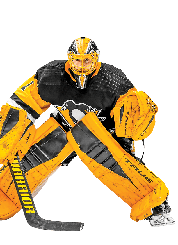 PITTSBURGH, PA - OCTOBER 05: Pittsburgh Penguins goaltender Casey DeSmith (1) tends net in the preseason NHL game between the Pittsburgh Penguins and the Buffalo Sabres on October 5, 2021, at PPG Paints Arena in Pittsburgh, PA  (Photo by Jeanine Leech Icon Sportswire via Getty Images)