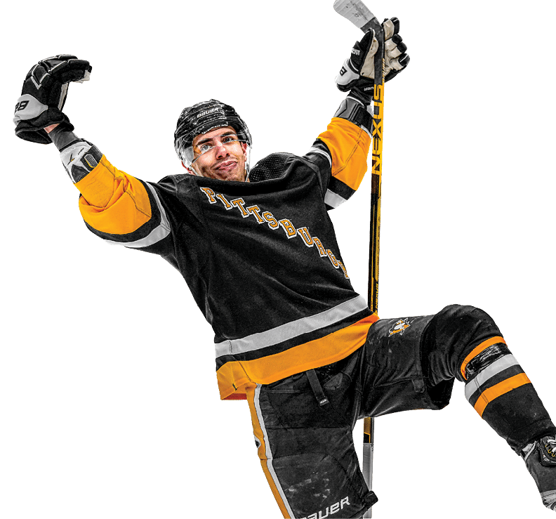 PITTSBURGH, PA - JANUARY 02: Pittsburgh Penguins Winger Evan Rodrigues (9) celebrates after scores a goal during the first period in the NHL game between the Pittsburgh Penguins and the San Jose Sharks on January 2, 2022, at PPG Paints Arena in Pittsburgh, PA  (Photo by Jeanine Leech Icon Sportswire via Getty Images)