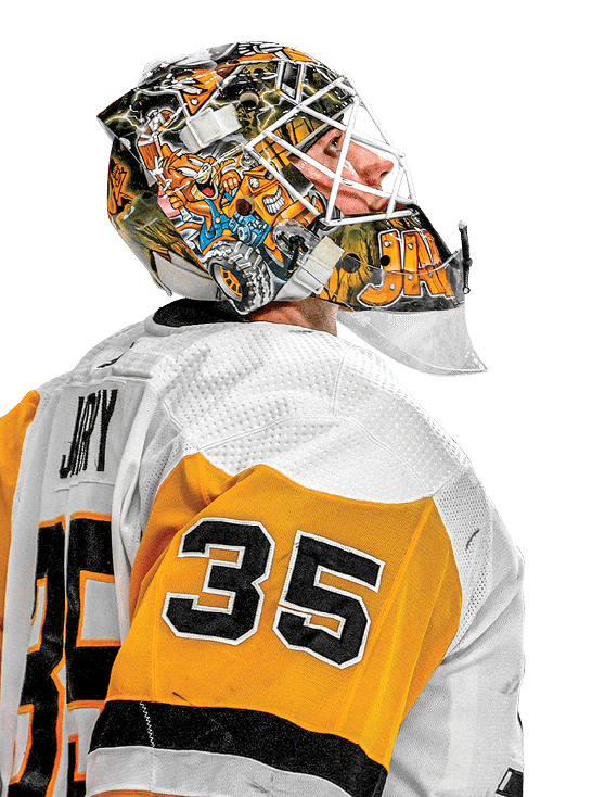 LAS VEGAS, NEVADA - JANUARY 17:  Tristan Jarry #35 of the Pittsburgh Penguins takes a break during a stop in play in the second period of a game against the Vegas Golden Knights at T-Mobile Arena on January 17, 2022 in Las Vegas, Nevada  The Penguins defeated the Golden Knights 5-3   (Photo by Ethan Miller Getty Images)