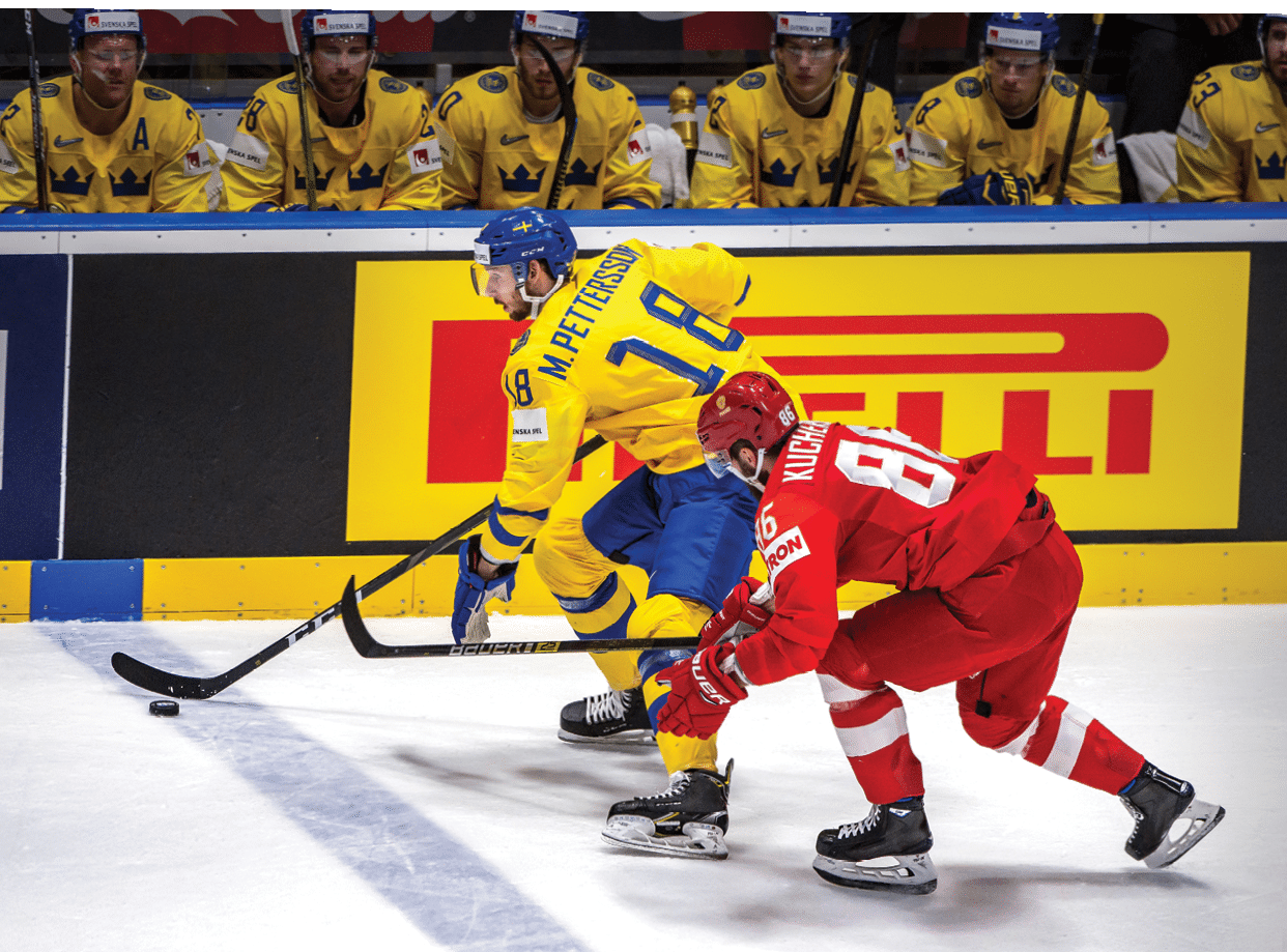 BRATISLAVA, SLOVAKIA - MAY 21: #18 Marcus Pettersson of Sweden vies with #86 Nikita Kucherov of Russia during the 2019 IIHF Ice Hockey World Championship Slovakia group game between Sweden and Russia at Ondrej Nepela Arena on May 21, 2019 in Bratislava, Slovakia  (Photo by RvS Media Robert Hradil Getty Images)