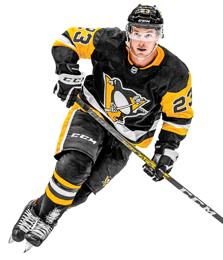 PITTSBURGH, PA - OCTOBER 03: Pittsburgh Penguins left wing Brock McGinn (23) skates during the second period in the preseason NHL game between the Pittsburgh Penguins and the Detroit Red Wings on October 3, 2021, at PPG Paints Arena in Pittsburgh, PA  (Photo by Jeanine Leech Icon Sportswire via Getty Images)