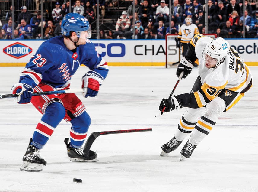 NEW YORK, NY - APRIL 07:  Filip Hallander #36 of the Pittsburgh Penguins breaks his stick on a shot against the New York Rangers at Madison Square Garden on April 7, 2022 in New York City  (Photo by Jared Silber NHLI via Getty Images)