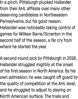 In a pinch, Pittsburgh plucked Hallander from their AHL affiliate over many other deserving candidates in Northeaster   
