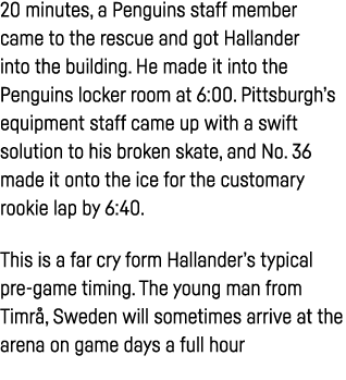 20 minutes, a Penguins staff member came to the rescue and got Hallander into the building  He made it into the Pengu   
