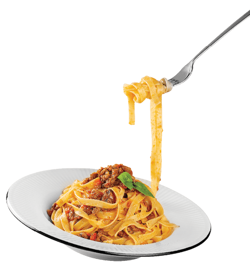 Eating pasta  Egg pasta tagliatelle with bolognese sauce made from meat and tomato sauce  Traditional italian dish from Bologna  Dynamic photo  Minimalism  Light grey background  Copy space 
