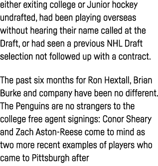 either exiting college or Junior hockey undrafted, had been playing overseas without hearing their name called at the   