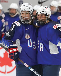 ESPOO, FINLAND - APRIL 13: USA s Megan Bozek #9 celebrates with Hilary Knight #21 and Kelly Panek #12 after scoring a second period goal against Russia during semifinal round action at the 2019 IIHF Ice Hockey Women s World Championship at Metro Areena on April 13, 2019 in Espoo, Finland  (Photo by Andre Ringuette HHOF-IIHF Images)