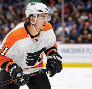 VANCOUVER, BC - OCTOBER 12: Philadelphia Flyers Right Wing Travis Konecny (11) skates up ice during their NHL game against the Vancouver Canucks at Rogers Arena on October 12, 2019 in Vancouver, British Columbia, Canada  Vancouver won 3-2  (Photo by Derek Cain Icon Sportswire via Getty Images)