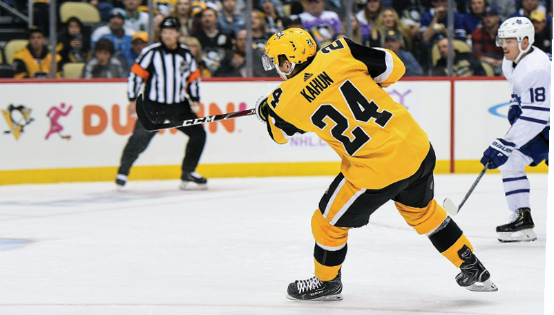 PITTSBURGH, PA - NOVEMBER 16: Dominik Kahun #24 of the Pittsburgh Penguins scores his second goal of the game in the second period during the game against the Toronto Maple Leafs at PPG Paints Arena on November 16, 2019 in Pittsburgh, Pennsylvania  (Photo by Justin Berl Icon Sportswire via Getty Images)