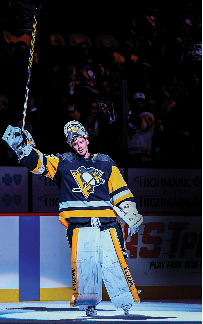 PITTSBURGH, PA - DECEMBER 06: Pittsburgh Penguins Goalie Tristan Jarry (35) waves to the fan as the number one star of the game with 33 save in a 2-0 shutout win against   the Arizona Coyotes on December 6, 2019, at PPG Paints Arena in Pittsburgh, PA  (Photo by Jeanine Leech Icon Sportswire via Getty Images)
