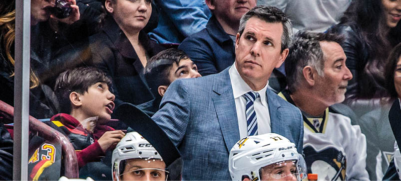 VANCOUVER, BC - DECEMBER 21:  Pittsburgh Penguins Head Coach Mike Sullivan looks up ice during their NHL game against the Vancouver Canucks at Rogers Arena on December 21, 2019 in Vancouver, British Columbia, Canada  (Photo by Derek Cain Icon Sportswire via Getty Images)