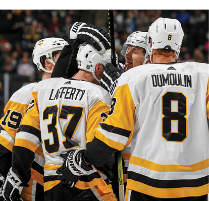 SAINT PAUL, MN - OCTOBER 12: Sam Lafferty #37 celebrates his goal with his teammates Jared McCann #19, John Marino #6 and Brian Dumoulin #8 of the Pittsburgh Penguins against the Minnesota Wild during the game at the Xcel Energy Center on October 12, 2019 in Saint Paul, MN  (Photo by Bruce Kluckhohn NHLI via Getty Images)